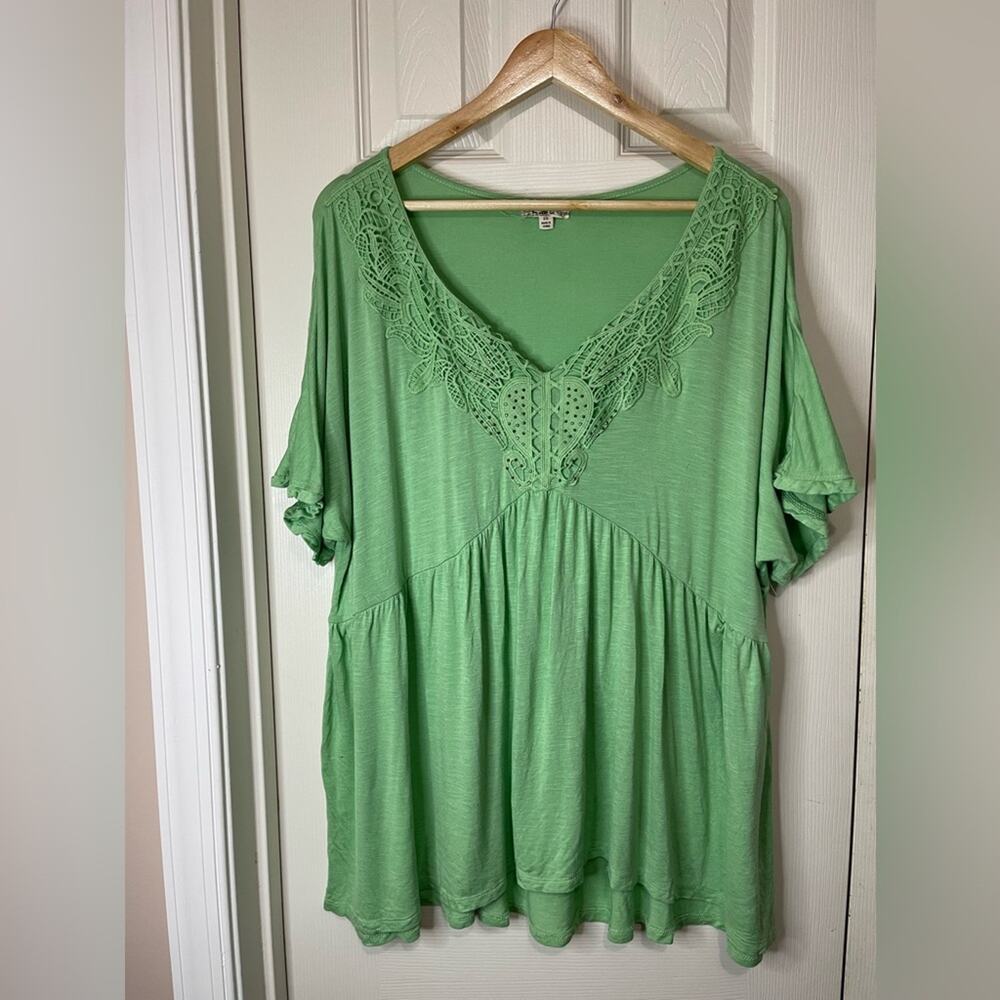 One World Green V Neck Peplum Studded Short Sleeve Blouse 2X